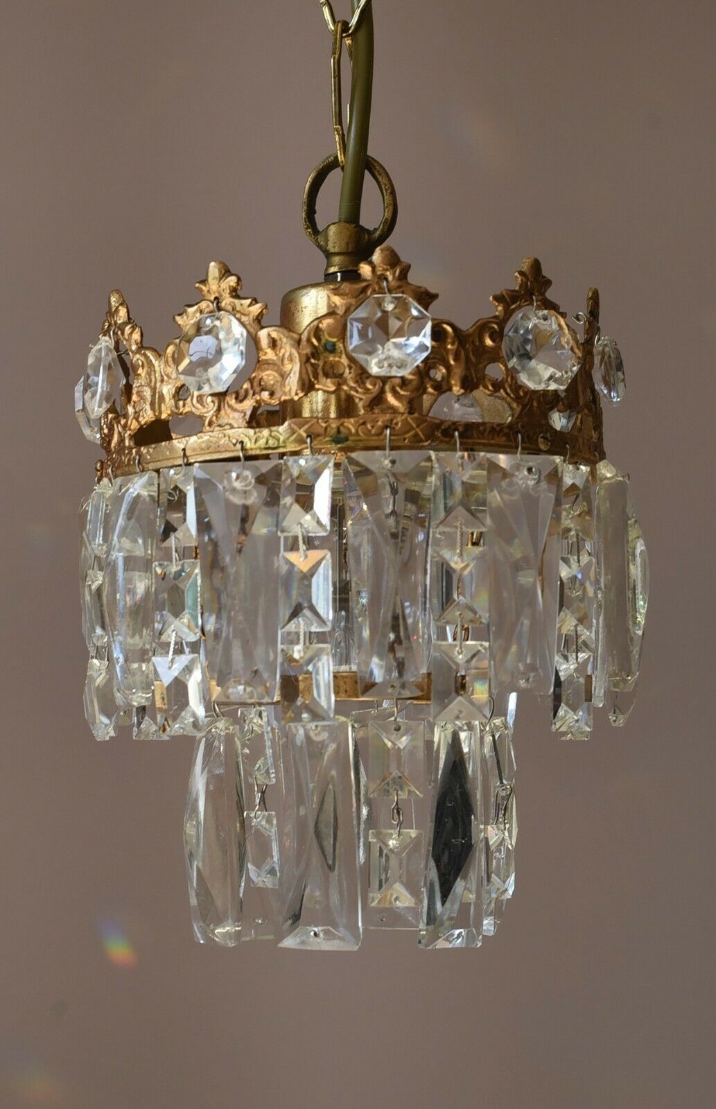 Matching Antique Crystal Chandeliers, Pair Vintage Pendant Kitchen Lighting Lamp