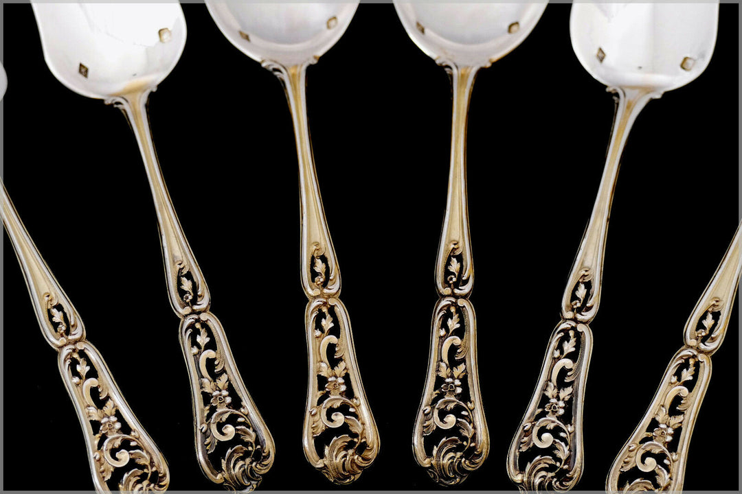 Cardeilhac French Sterling Silver 18K Gold Hors D'oeuvre Dessert Set 6 Pc, Box