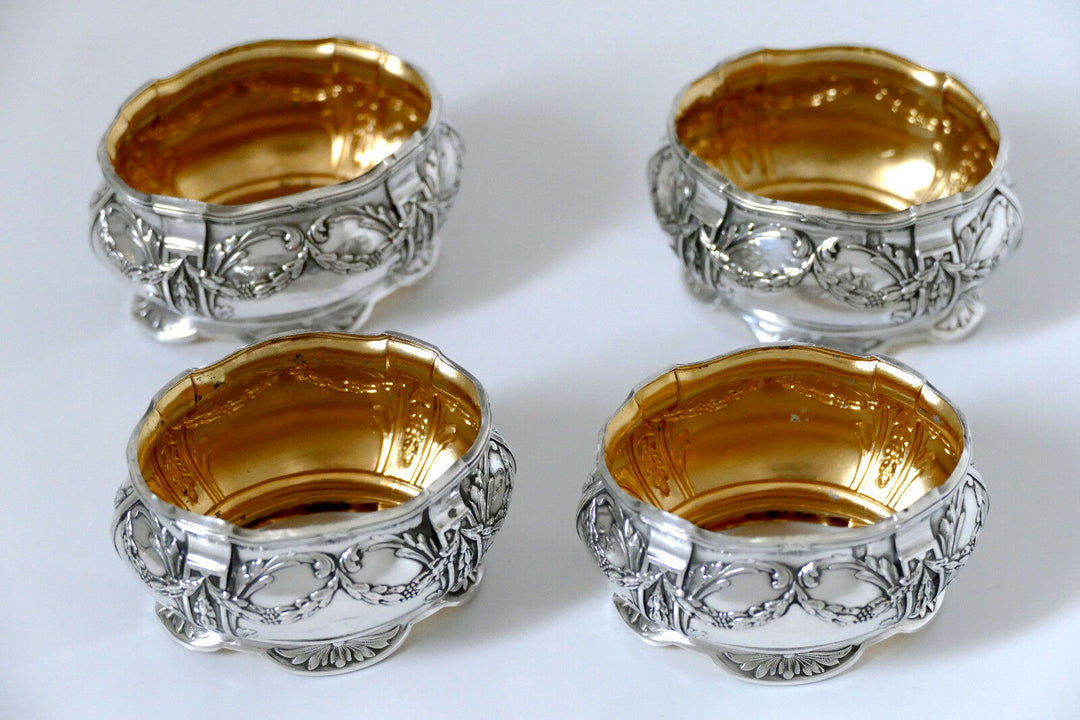 Collet French Sterling Silver 18k Gold Set 4 Salt Cellars, Spoons, Original box