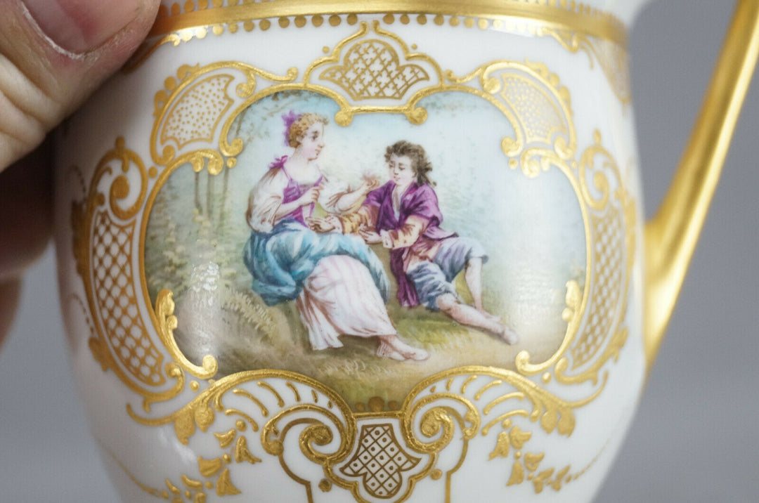 Sevres Hand Painted Courting Couple & Raised Gold Oversized Cup & Saucer C. 1889