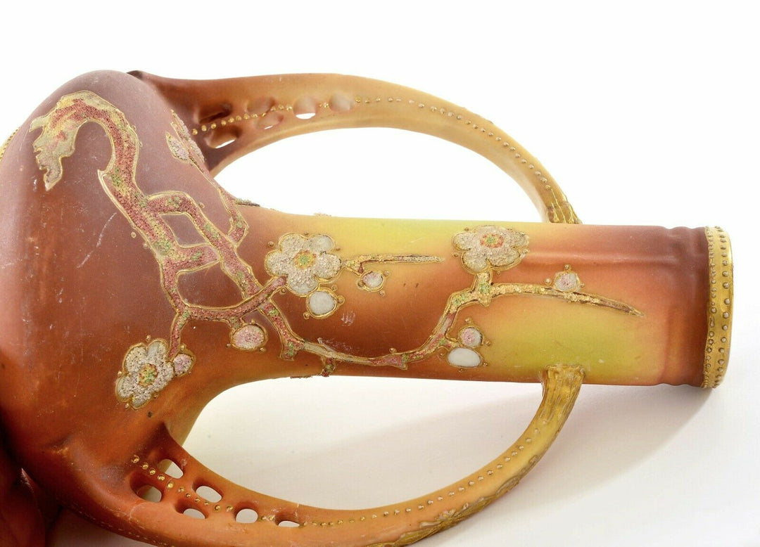 Japanese Nippon Porcelain Coralene Bead Handle Vase Plum Blossom Mk - AS IS