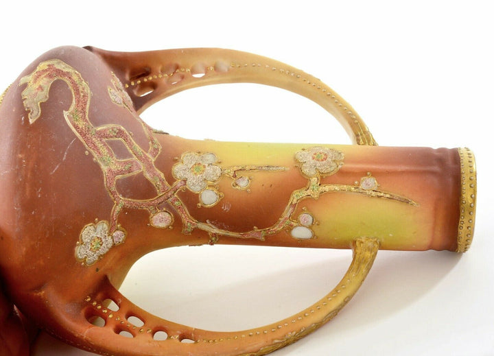 Japanese Nippon Porcelain Coralene Bead Handle Vase Plum Blossom Mk - AS IS