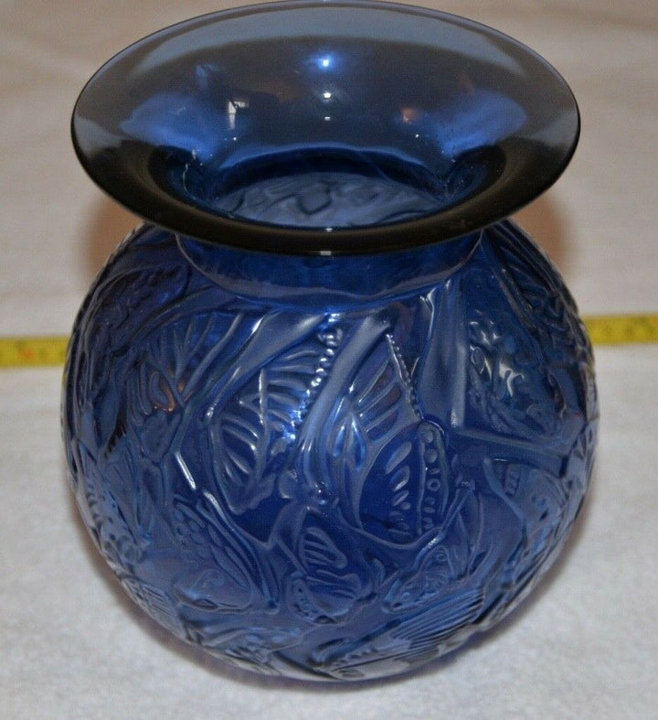 RENE LALIQUE CRYSTAL VASE RARE NYMPHALE 1992 SAPPHIRE BLUE 8.5' MINT BUTTERFlIES