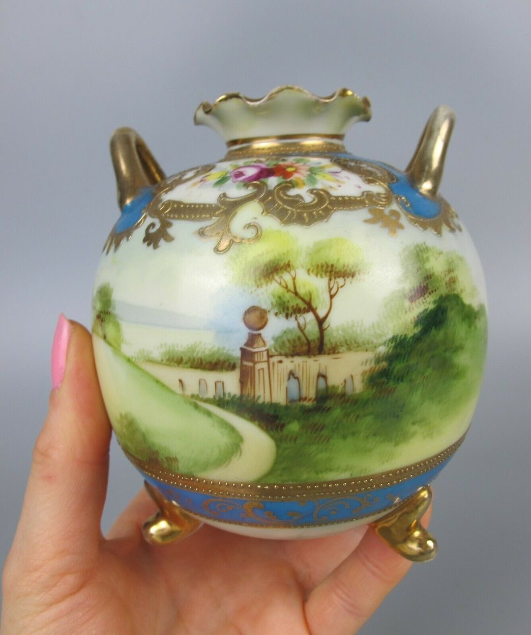 Pair of superb antique vtg Noritake rotund Vases / Urns. Hand painted blue c1910