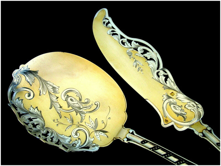 Soufflot Top French Sterling Silver 18k Gold Ice Cream Set 2 pc w/box Rococo