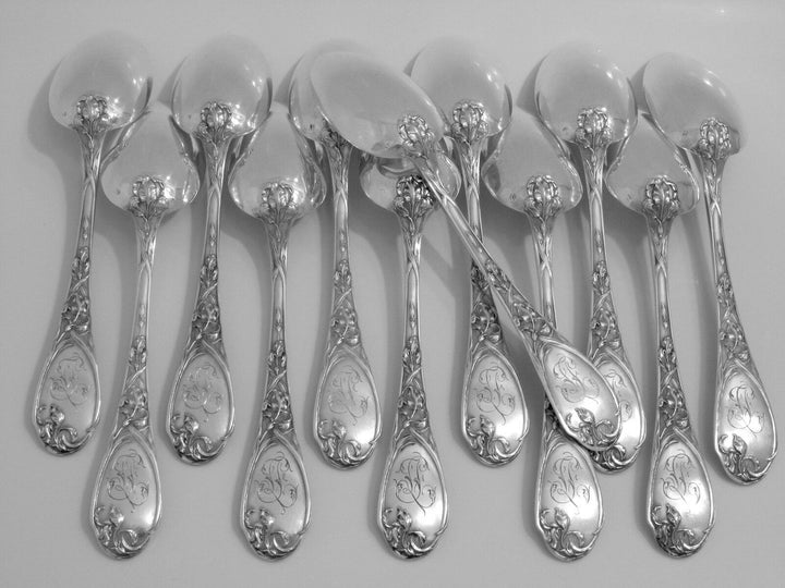 Puiforcat French Sterling Silver Dinner Flatware Set 25 pc Iris w/box