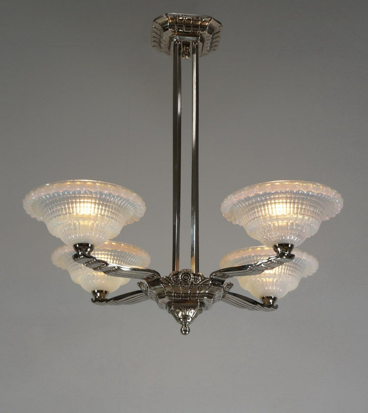 LAVAL & GAUTHIER Ezan EJG : FRENCH OPALESCENT ART DECO CHANDELIER .... 1930 1935