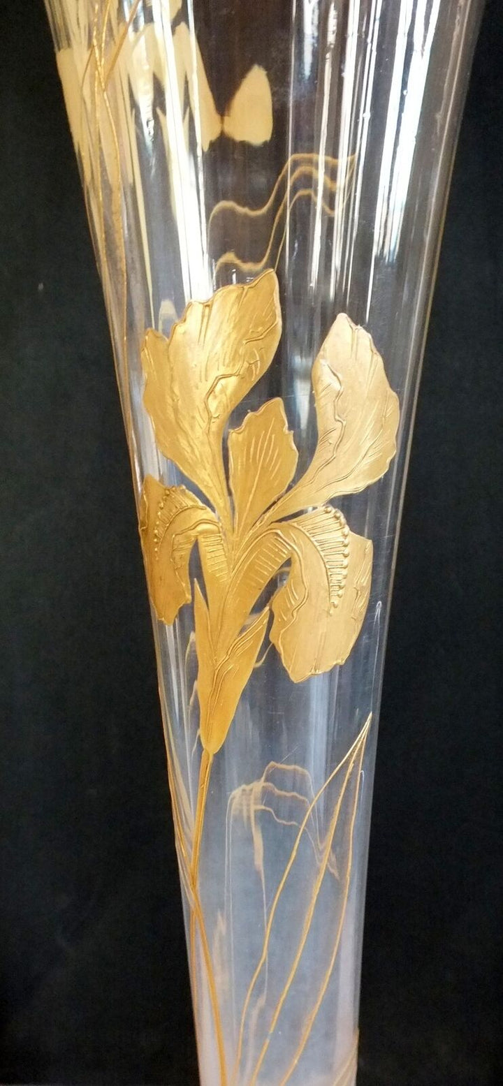 Grand Vase Art Nouveau Cornet Emaille Or Baccarat