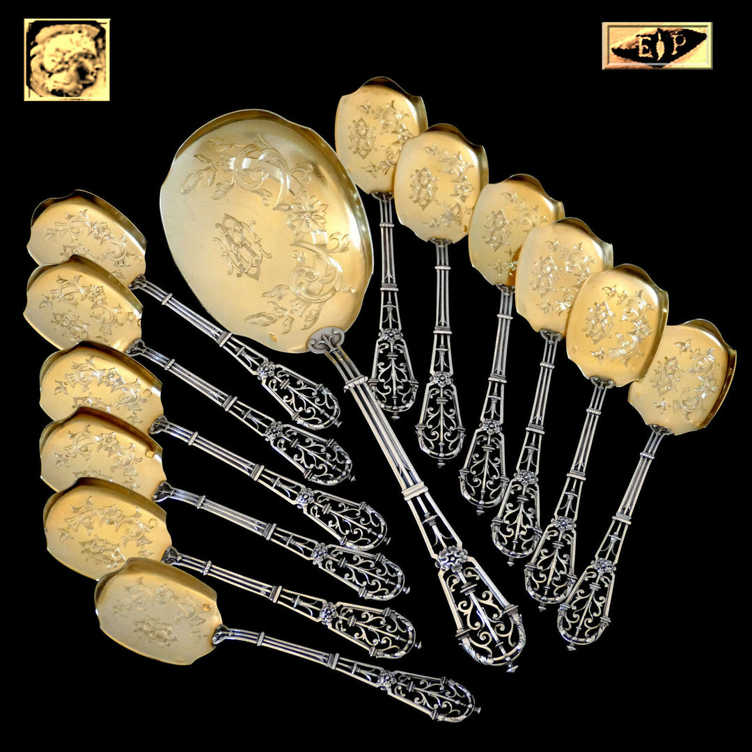 Puiforcat French Sterling Silver 18k Gold Ice Cream Set, Ferrure, Original Box
