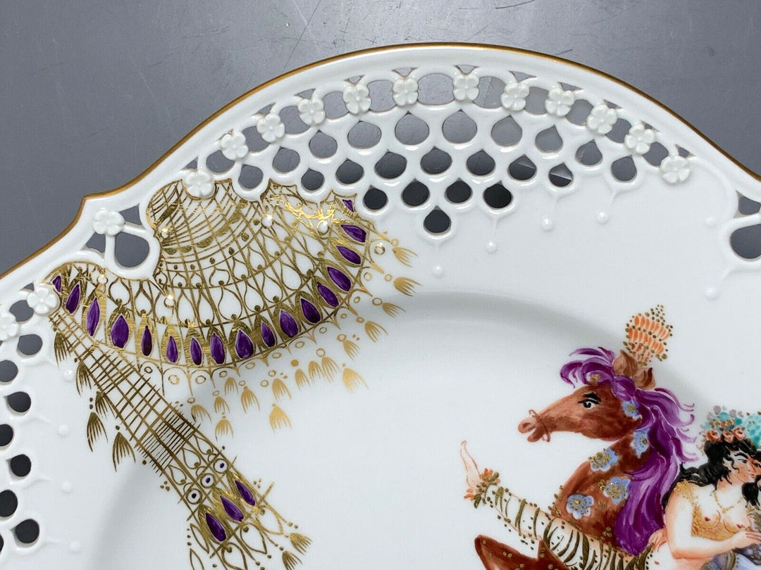 MEISSEN DURCHBRUCH TELLER 1001 NACHT LIEBESPAAR AUF PFERD TOP ZUSTAND D:29cm