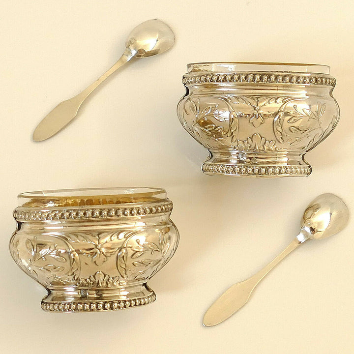 Bezon French Sterling Silver 18k Gold Salt Cellars Pair, Spoons, Original Box