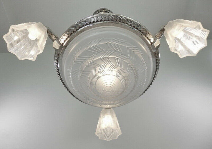 PETITOT : LARGE FRENCH 1930 ART DECO CHANDELIER ...... lustre bronze muller era