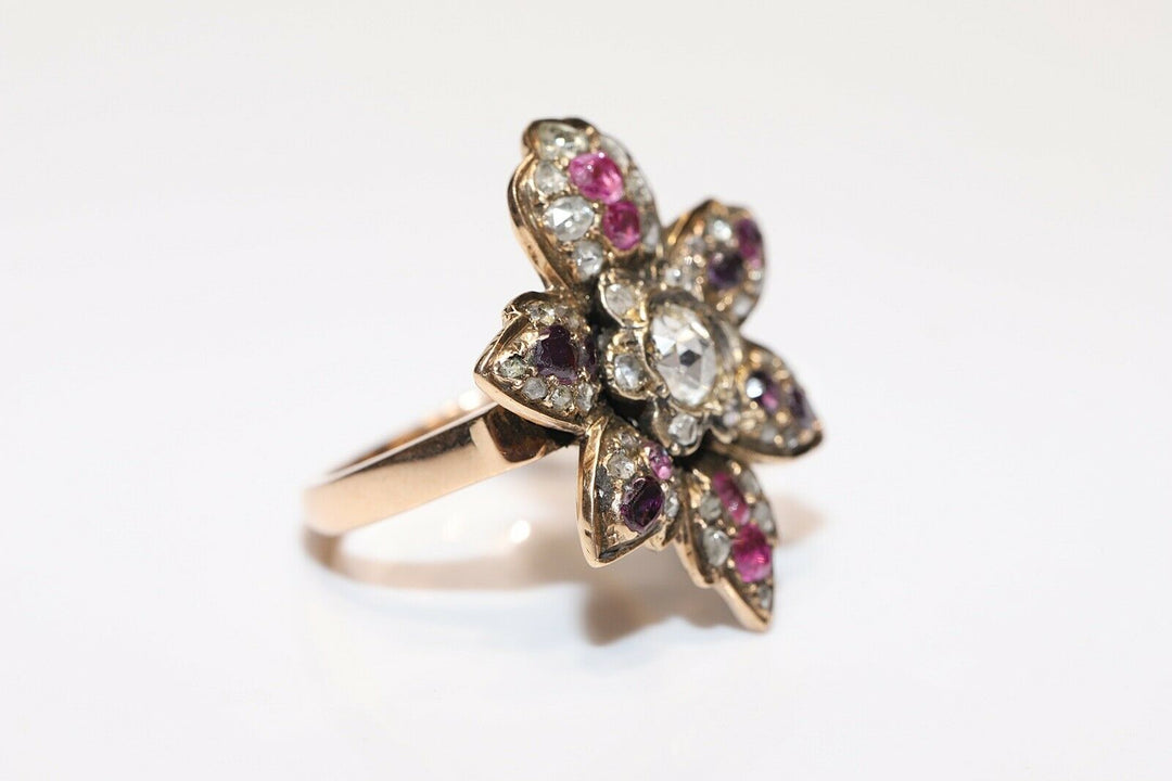アンティーク ヴィクトリアン 14K ナチュラルローズカットダイヤモンド、ルビー、アメシストのリング