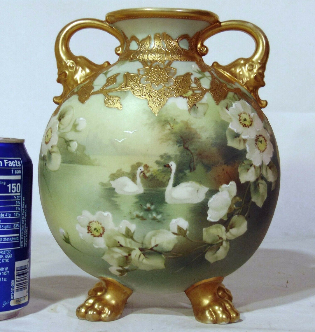 Japanese Nippon Porcelain Vase Elephant Handles Lion's Feet Swan White Roses