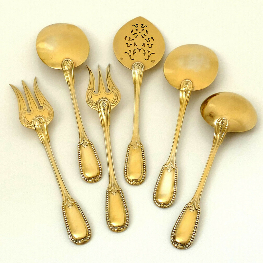 Puiforcat French Sterling Silver 18k Gold Dessert Hors D'oeuvre Set 6 Pc, Box