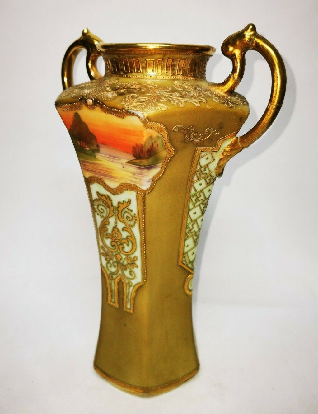 Antique Noritake Two Handled Pedestal Vase Gilted & Jewelled c1906 Art Nouveau