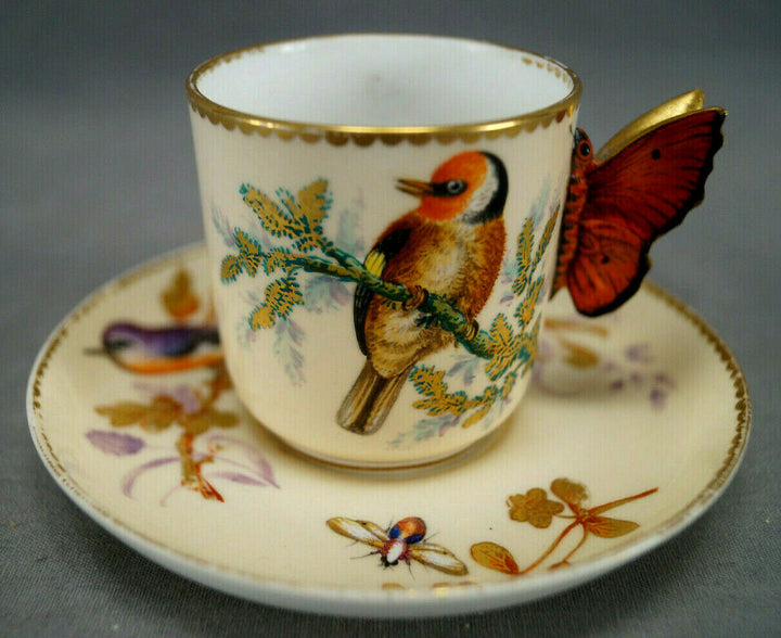ロイヤルウースター＆ティファニー、エナメル彩色の鳥と虫、アイボリー、蝶の取っ手のカップ