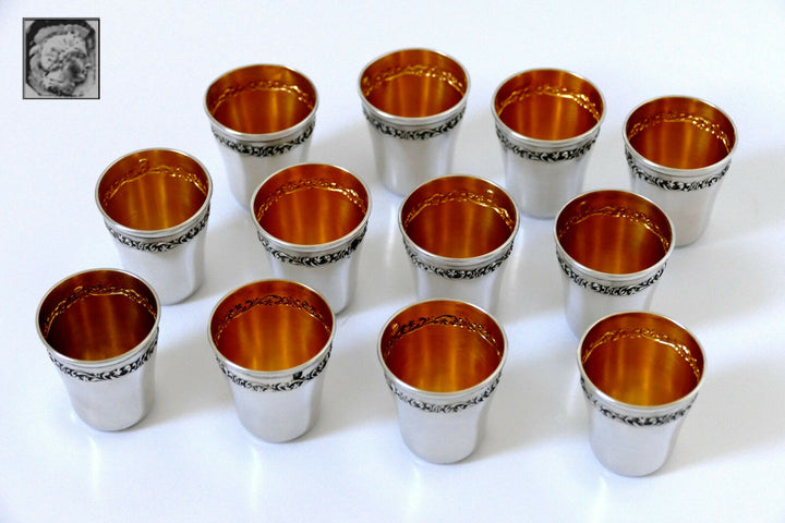 Antique French Sterling Silver 18k Gold Liquor Cups 12 pieces, Original Box