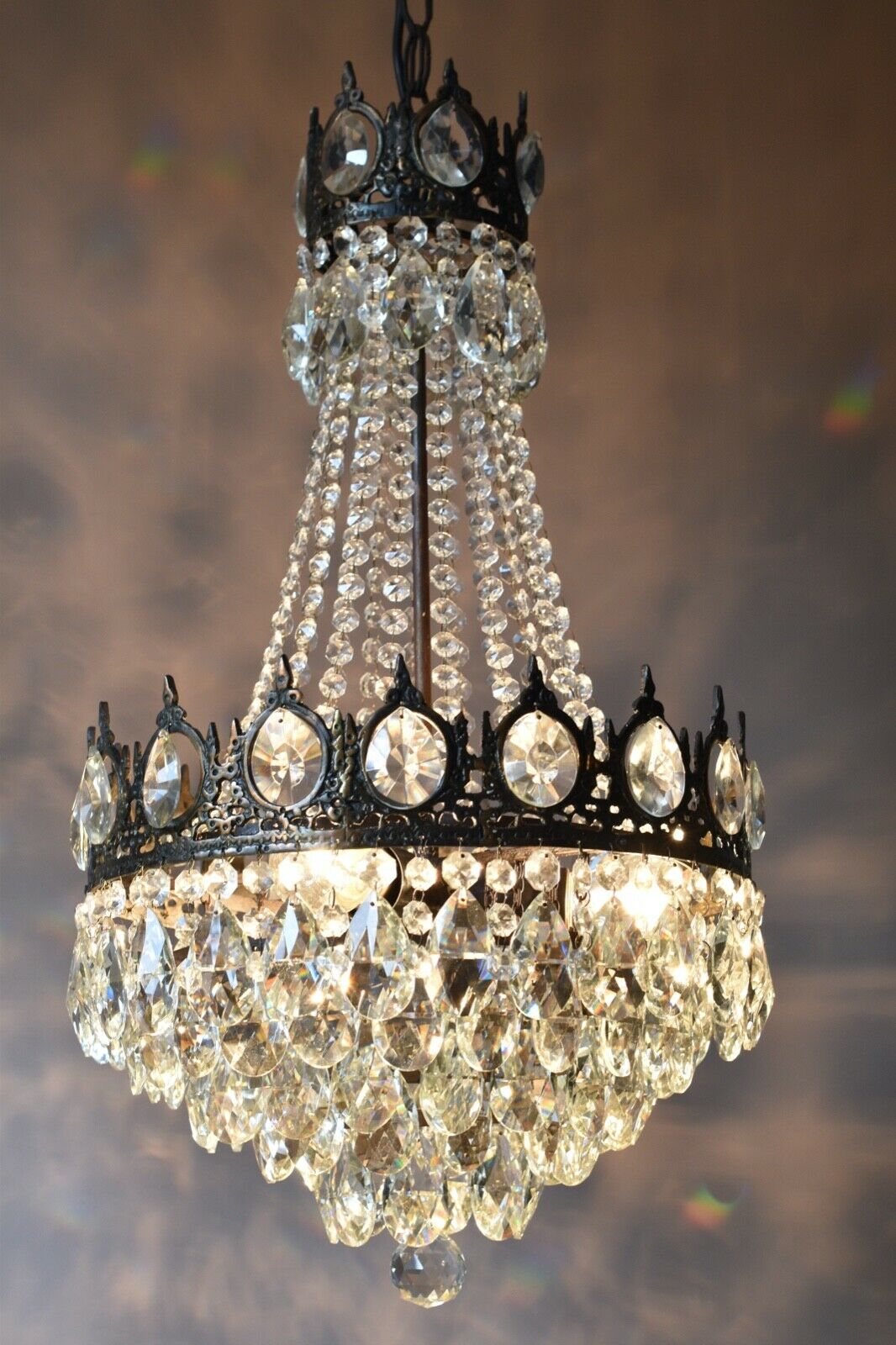 Two Antique Vintage Crystal Chandeliers in Bronze, Ceiling Lighting, pendants