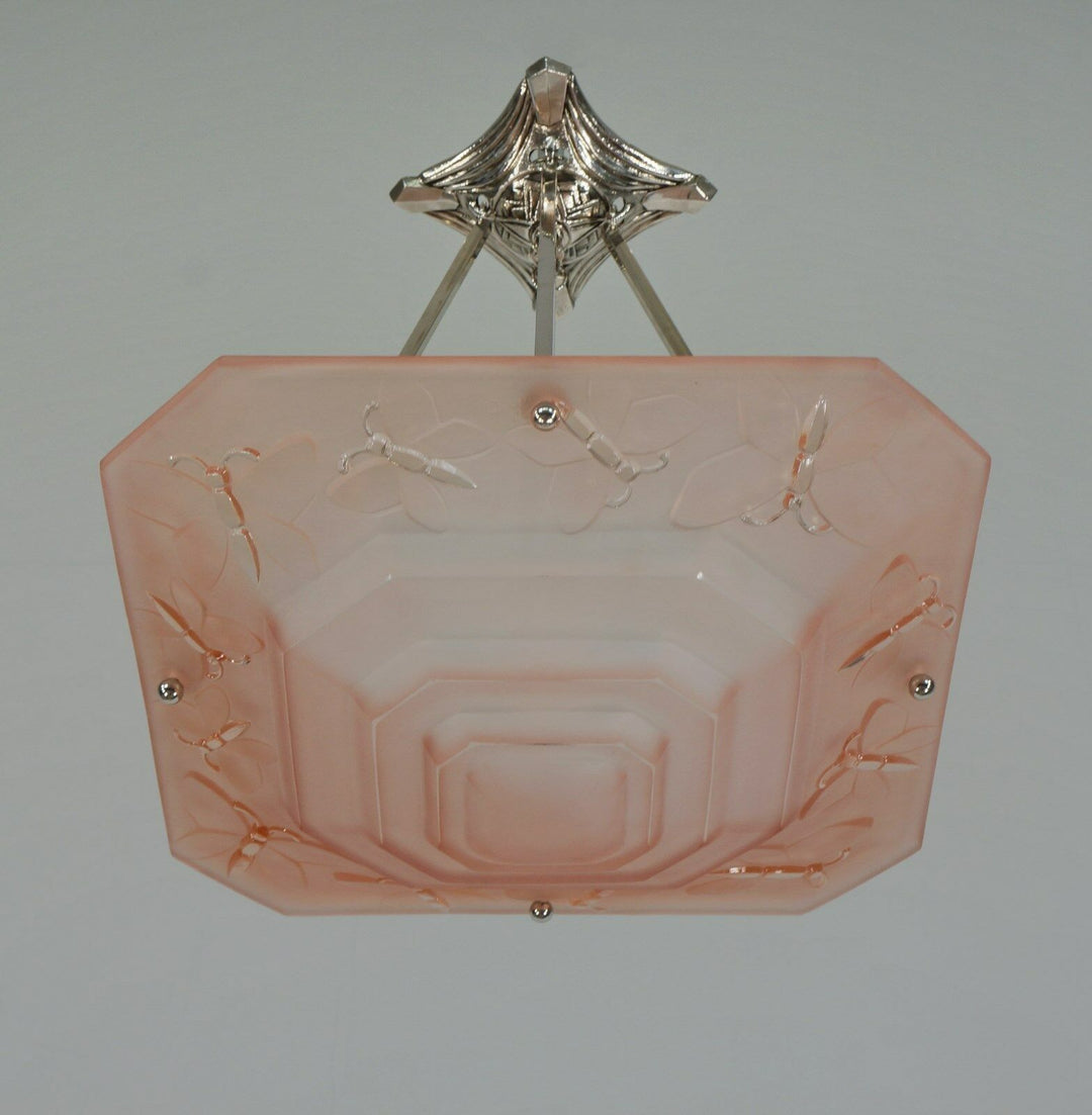 DEGUE : FRENCH 1930 ART DECO CHANDELIER .. butterflies . pendant lamp muller era