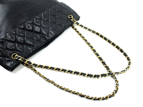 AUTH CHANEL BLACK CLASSIC LAMBSKIN TOTE SHOULDER BAG