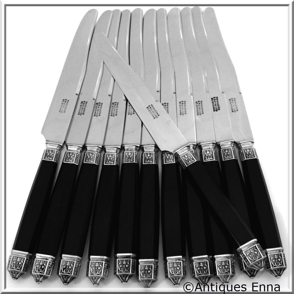 Antique French Silver & Ebony Dinner Knife Set 12 pc Renaissance