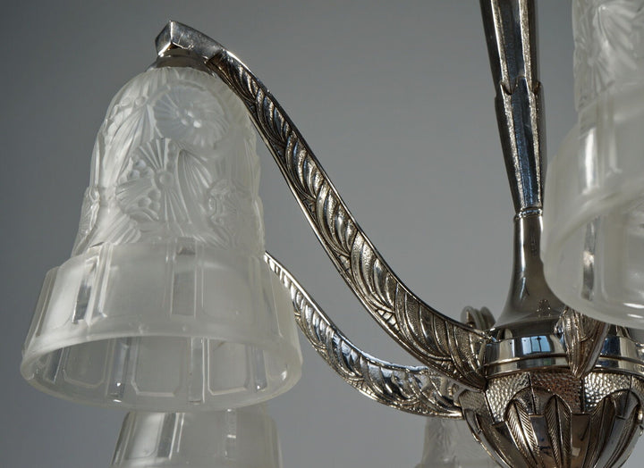 HETTIER & VINCENT : 1930 french art deco chandelier in nickel plated bronze