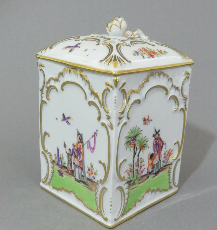  ⚔ Meissen quadr. Teedose Hoeroldt Chinoiserien H.14cm 1.Wahl TOP Pfeifferzeit