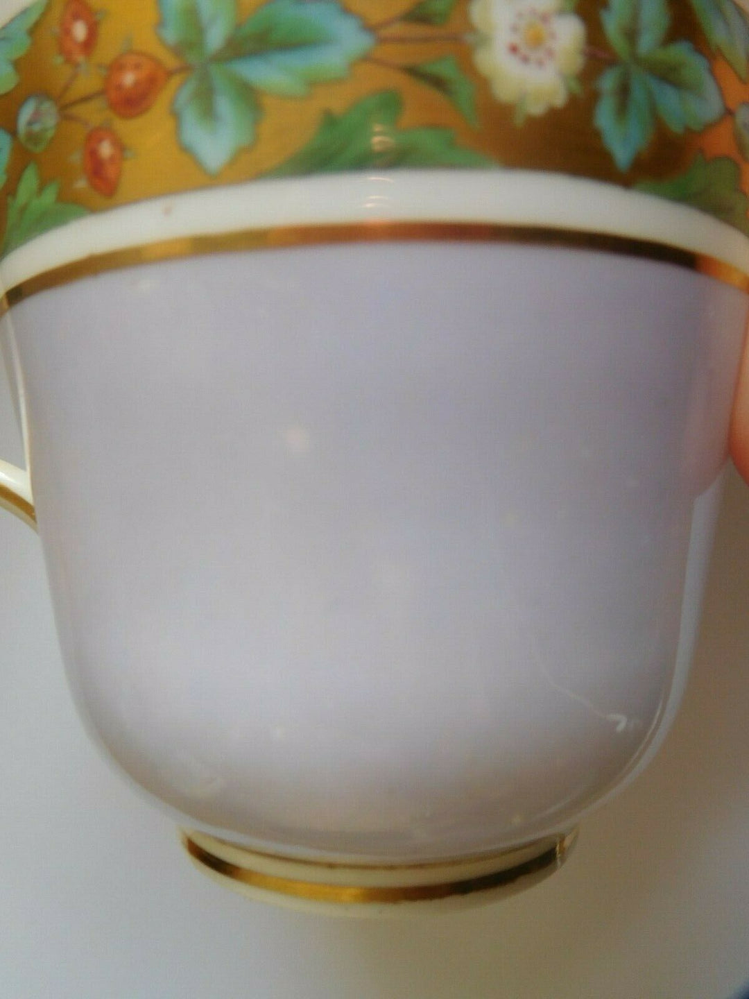 MISMATCHED ANTIQUE (1866) PURPLE MINTON ENAMELLED ROSE STRAWBERRY CUP AND SAUCER