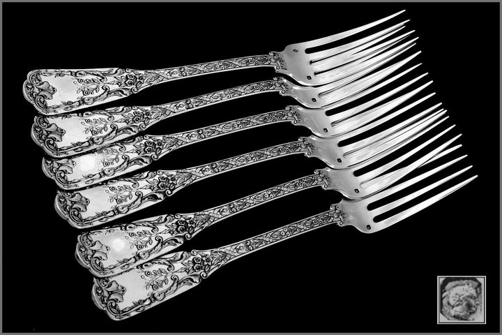 Cardeilhac French Sterling Silver Dinner Forks Set 6 Pc Neoclassical