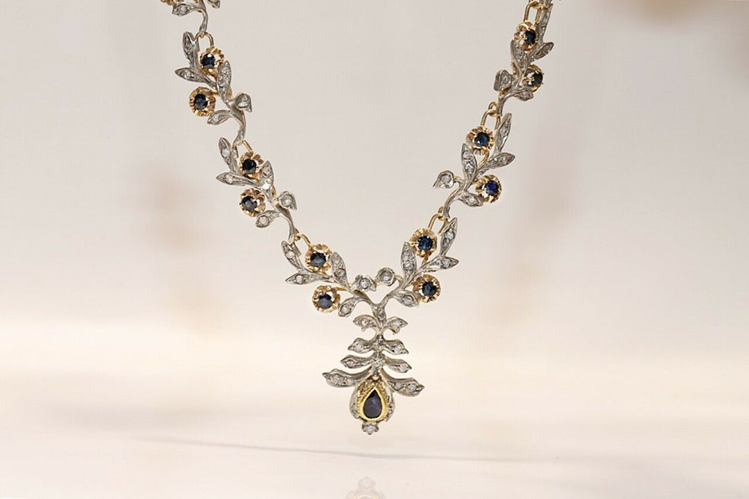 ヴィンテージ 18K ゴールド、シルバー、ローズカットダイヤモンド、サファイアのネックレス