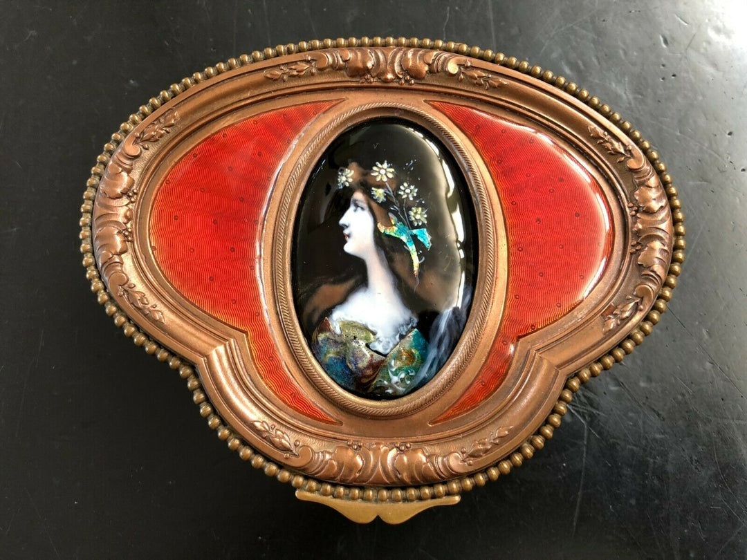 ANTIQUE FRENCH HINGED BRONZE BOX WITH LIMOGE HAND PAINTED ENAMEL