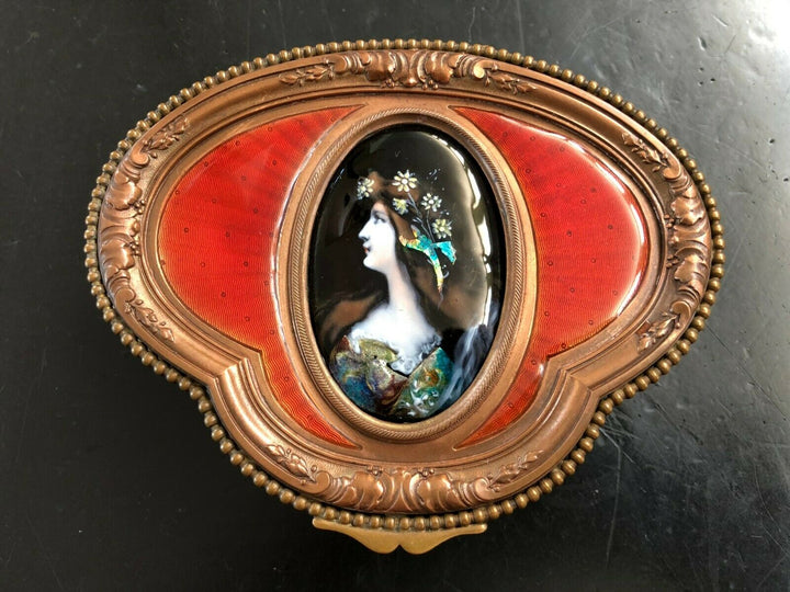 ANTIQUE FRENCH HINGED BRONZE BOX WITH LIMOGE HAND PAINTED ENAMEL