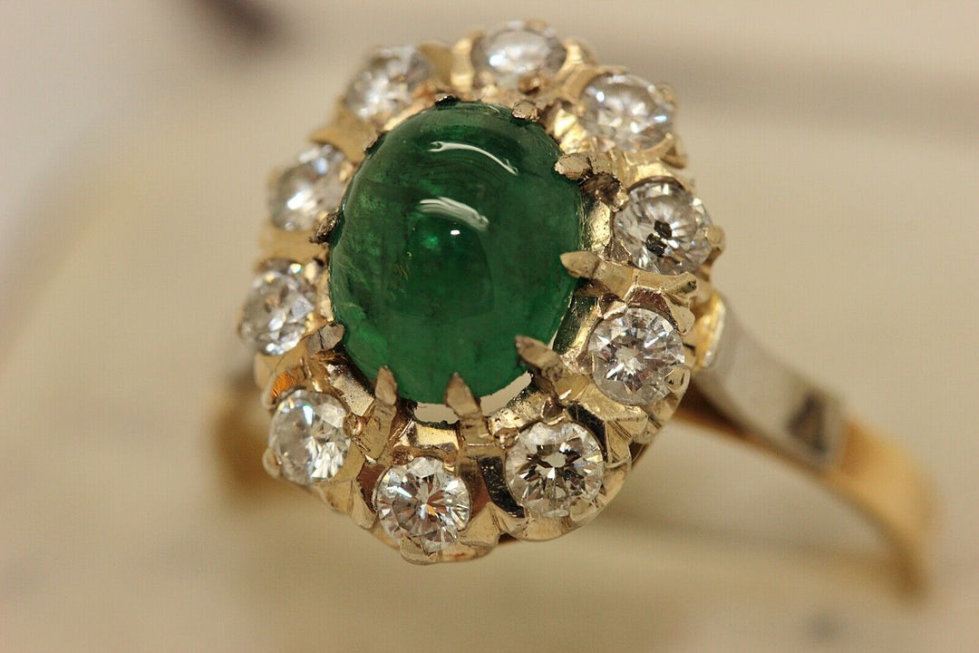 アンティーク オリジナル 18K ナチュラルダイヤモンドとエメラルドのロシアンリング