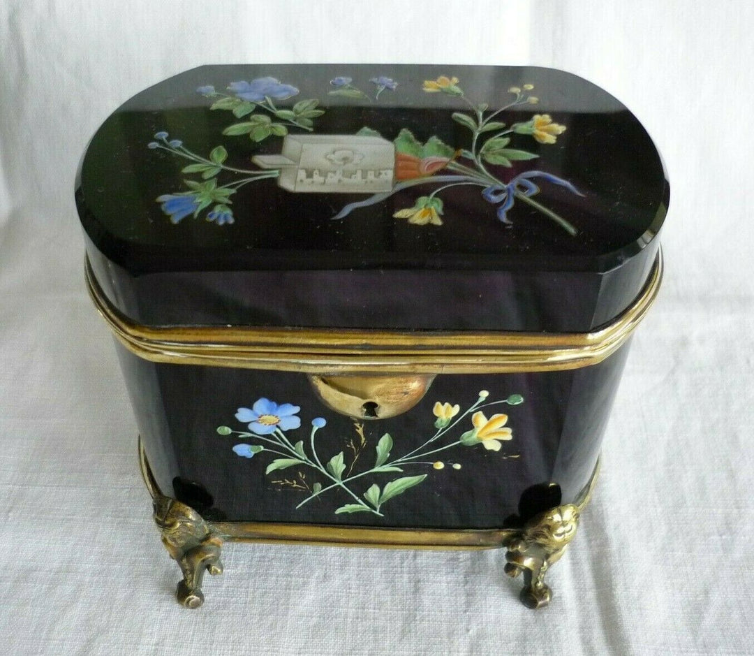 Antique Huge French Glass Casket Trinket Box Hand Enameled 1840 Circa Amethyst