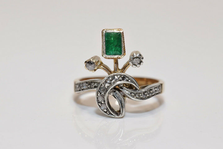 アンティーク オリジナル 18K ナチュラルローズカットダイヤモンドとエメラルドのリング