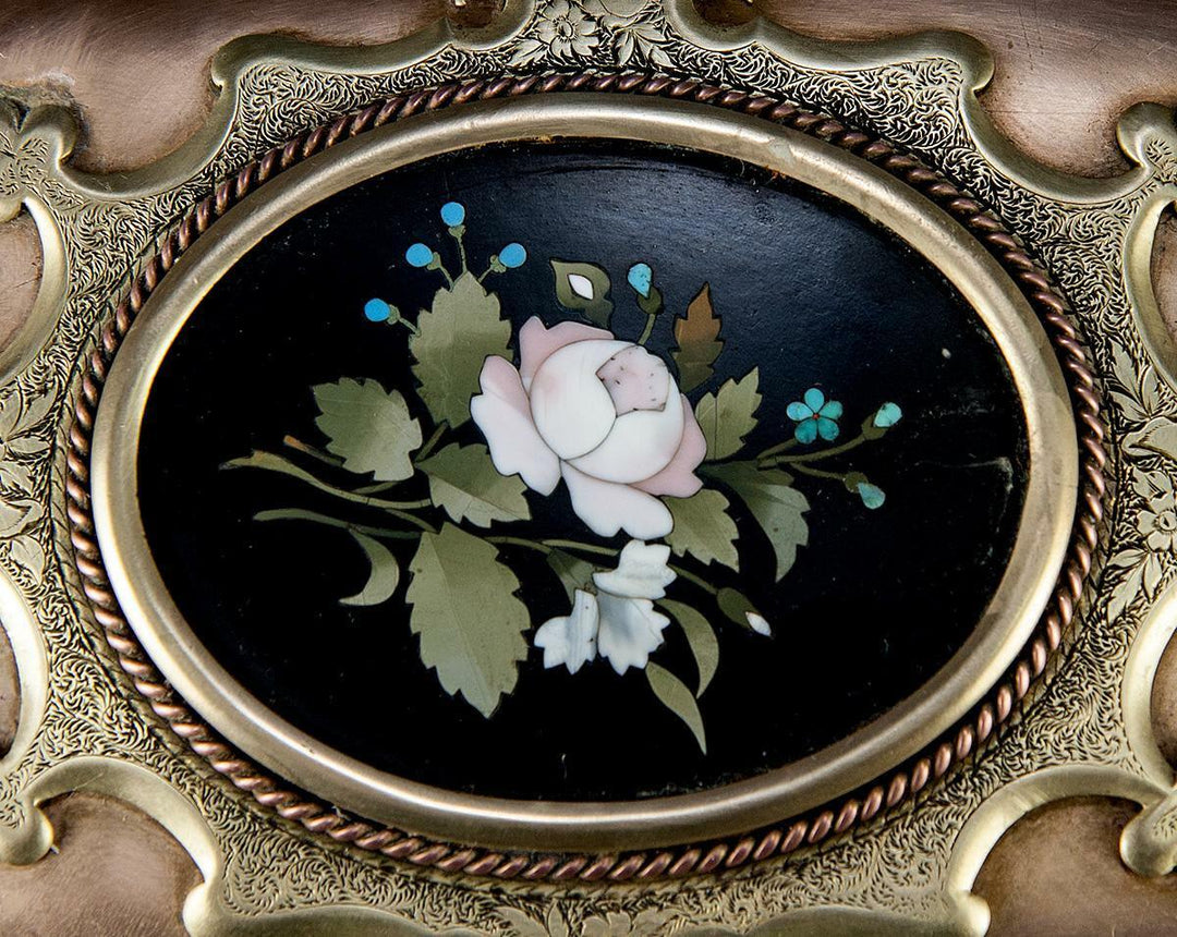 RARE Antique Heavy Italian Jewelry Box, 9.25" Casket, Pietra Dura Plaque c.1850