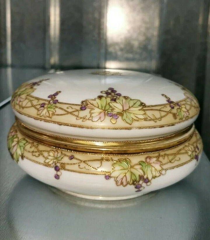 Antique Nippon Hand Painted Humidor Bowl Gilt Gold Grape Morimura Bros Vintage