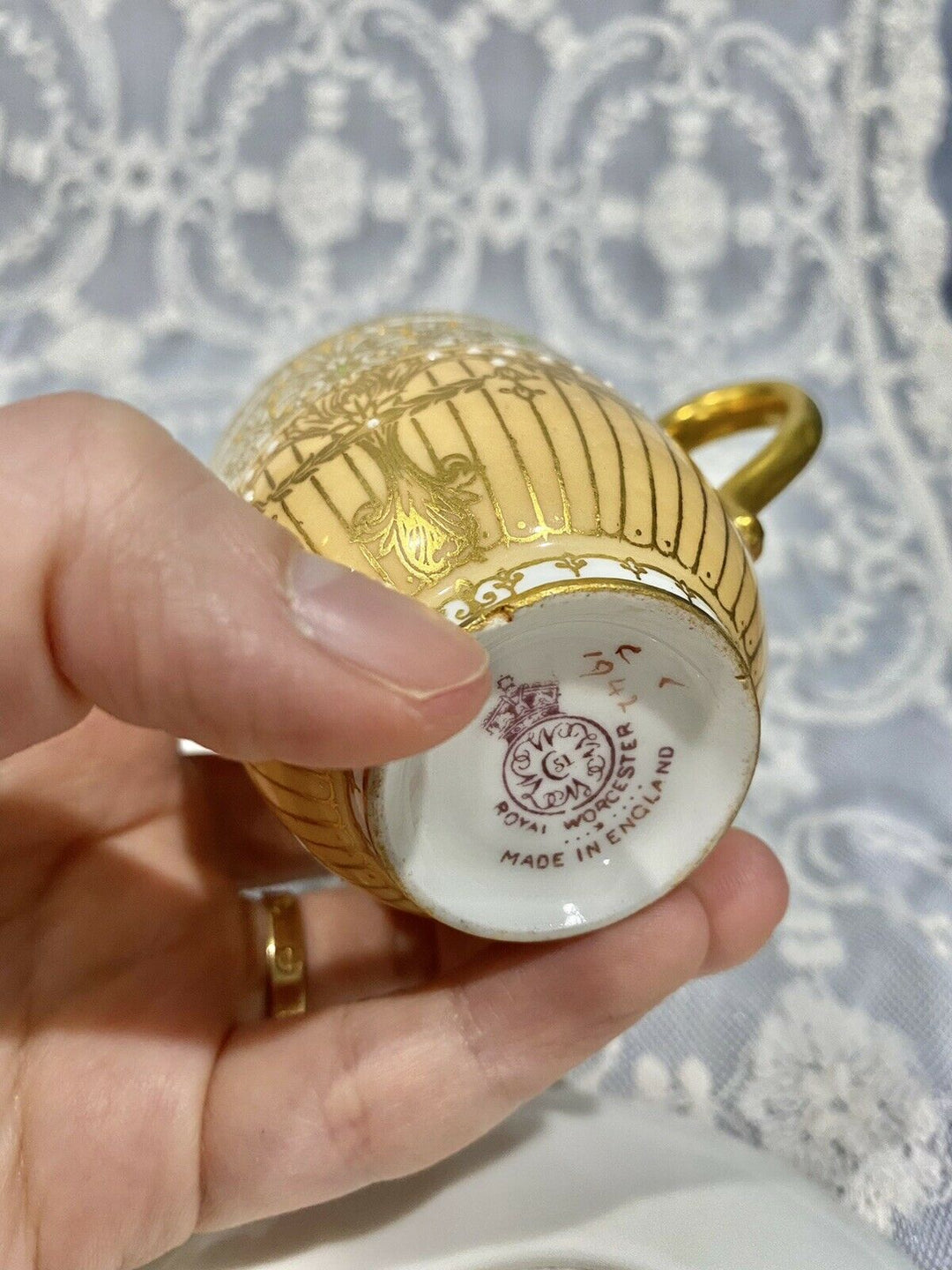 Antique ROYAL WORCESTER Porcelain Cup Saucer Set Enamel JEWELS Gold