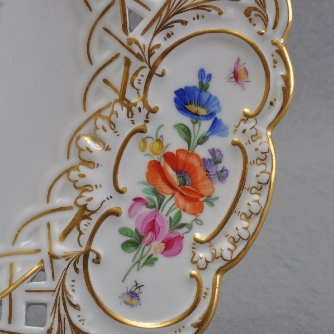 Meissen Durchbruchteller Schale, Enten und Hühner, Blüten und Insekten, 1.Wahl