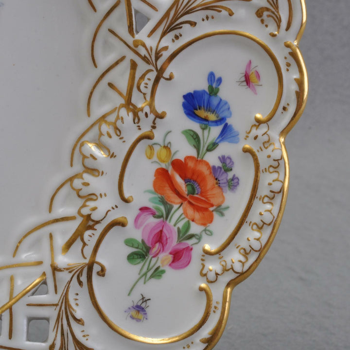 Meissen Durchbruchteller Schale, Enten und Hühner, Blüten und Insekten, 1.Wahl