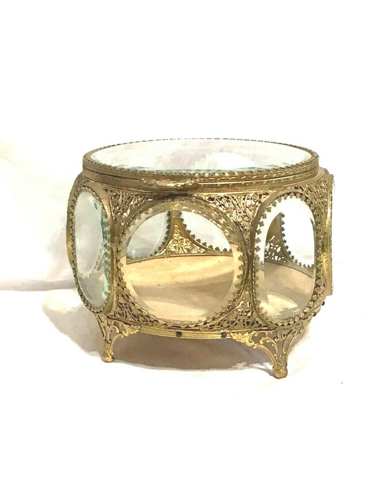 Vintage Filigree Ormolu Jewelry Casket 8 Sided Beveled Glass Ornate Trinket Box