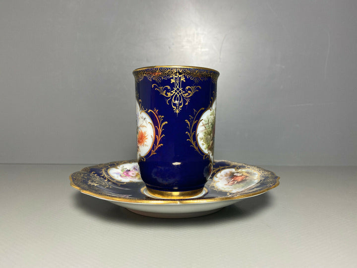 MEISSEN GEDECK BECHER UT KOBALTBLAU WATTEAUMALEREI BLUMEN GOLD 1.WAHL BESTOSSEN