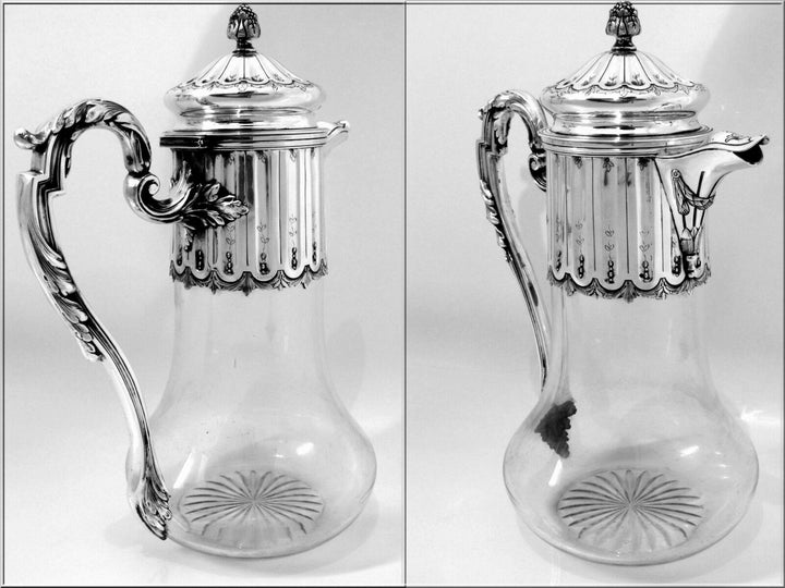 Antique French Sterling Silver & Crystal Serving Decanter, Pitcher Neoclassical