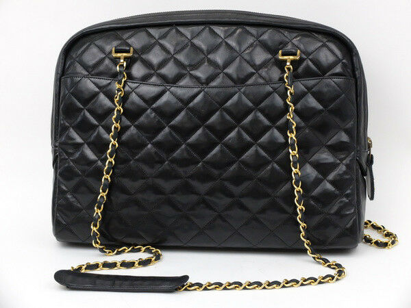 AUTH CHANEL BLACK CLASSIC LAMBSKIN TOTE SHOULDER BAG