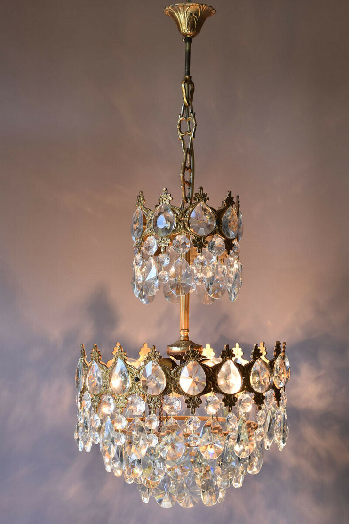Brass Vintage Crystal Chandelier, Antique Lighting Bridal Lamp French Lustre
