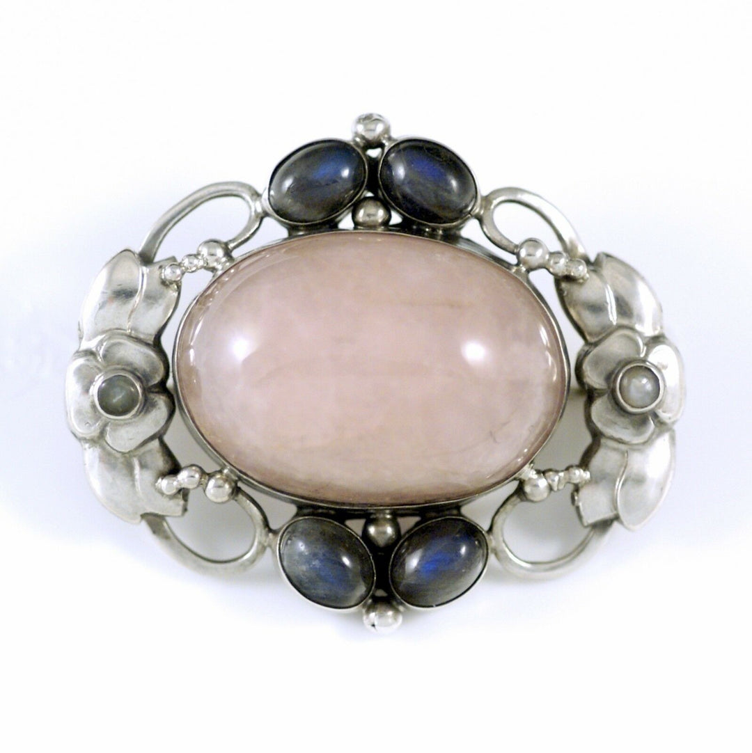 Georg Jensen. Silver Brooch #78 - Rose Quartz, Labradorite and Pearls-1904-08