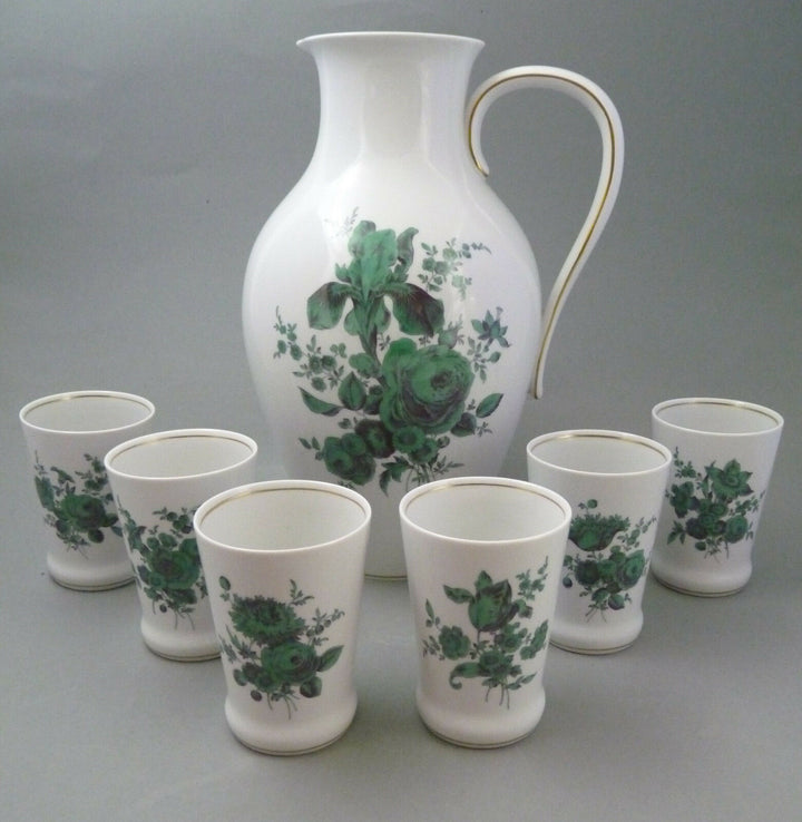 großer Krug + 6 Becher Meissen Blumenbukett grün Wein Saft Wasser Trinkset 7 tlg