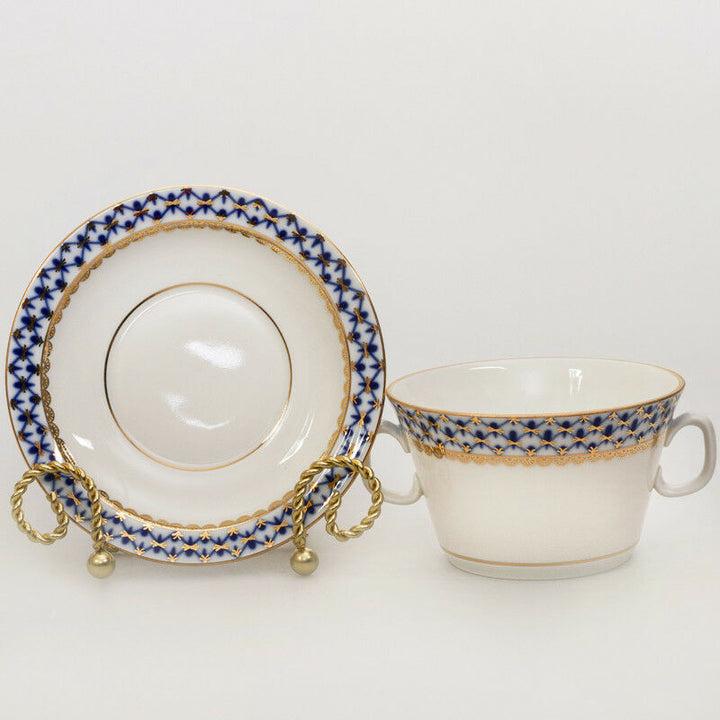 インペリアルポーセリン  スープボウル ＆  受け皿  ロモノーソフ  本物  コバルトネット