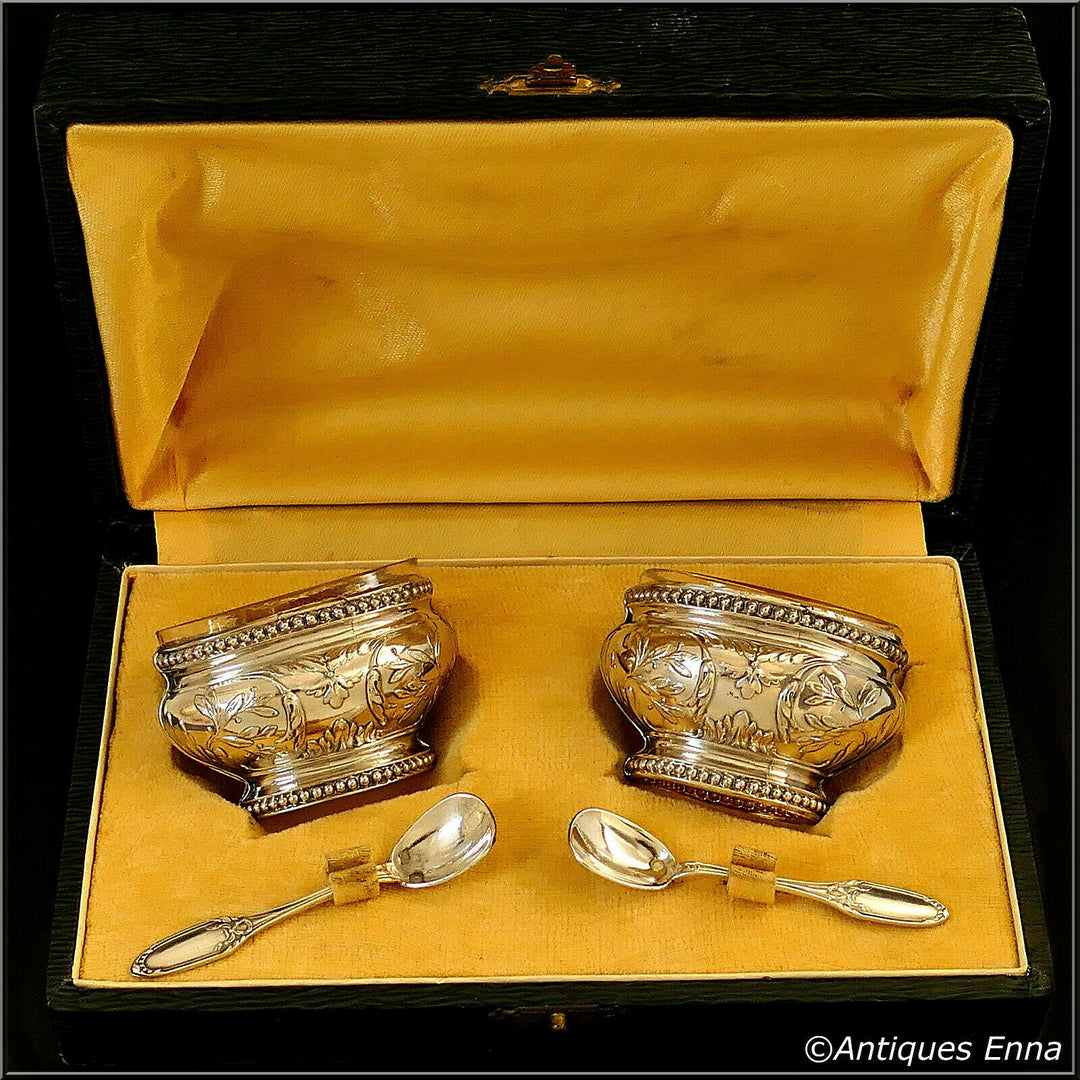Bezon French Sterling Silver 18k Gold Salt Cellars Pair, Spoons, Original Box